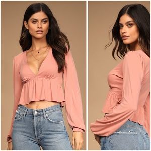 NWT Pink Peplum Cropped Balloon Sleeve Top